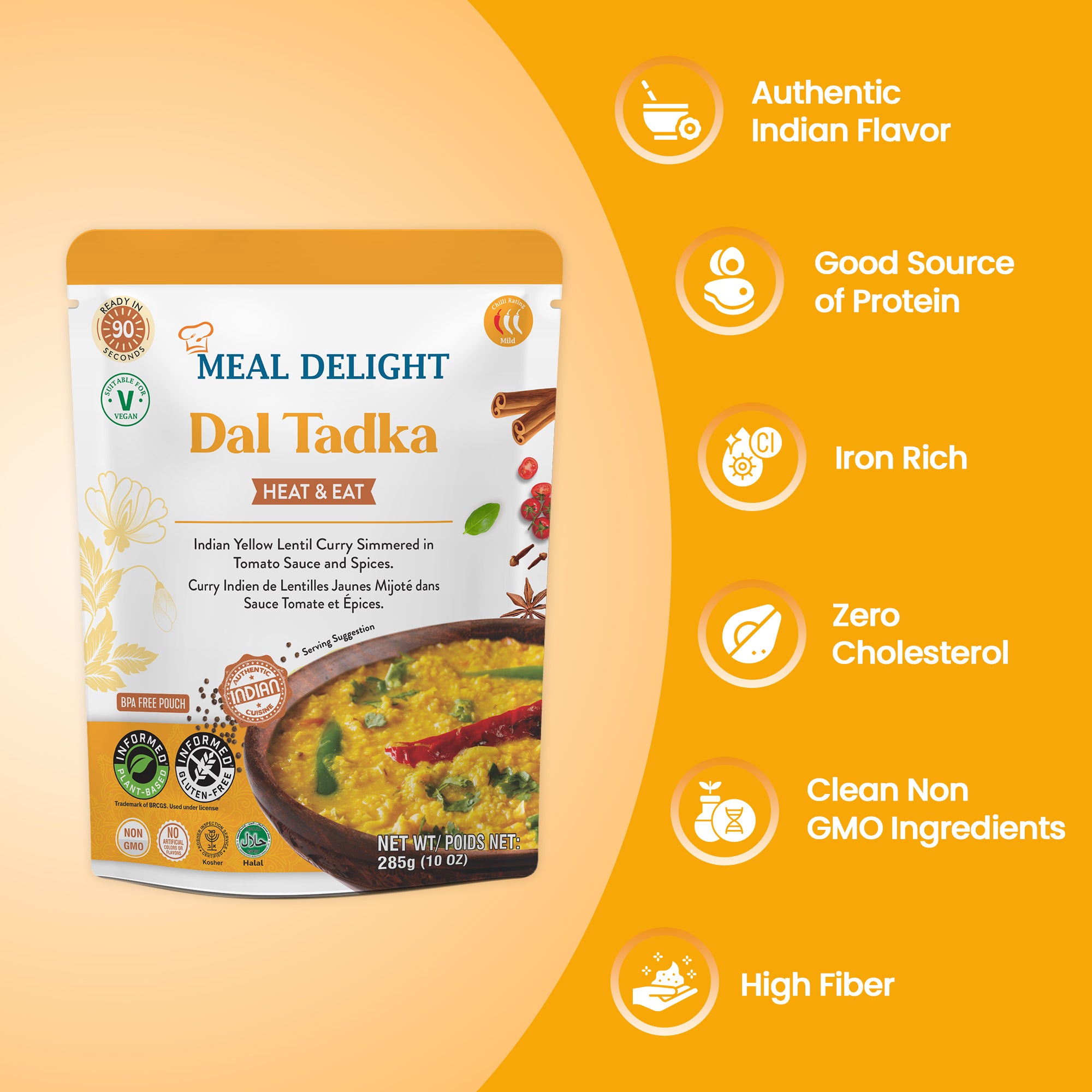 Meal Delight Jaipur Tempered Lentils, Indian Ready to Eat Lentil Curry, 12g Protein & 12g Fiber per Pouch, Plant-Based Gluten-Free, No Preservatives, Halal & Kosher Certified, Ready in 1.5 Minutes, Shelf-Stable Pouch, 10 oz Pack of 3 - Regal Kitchen Store