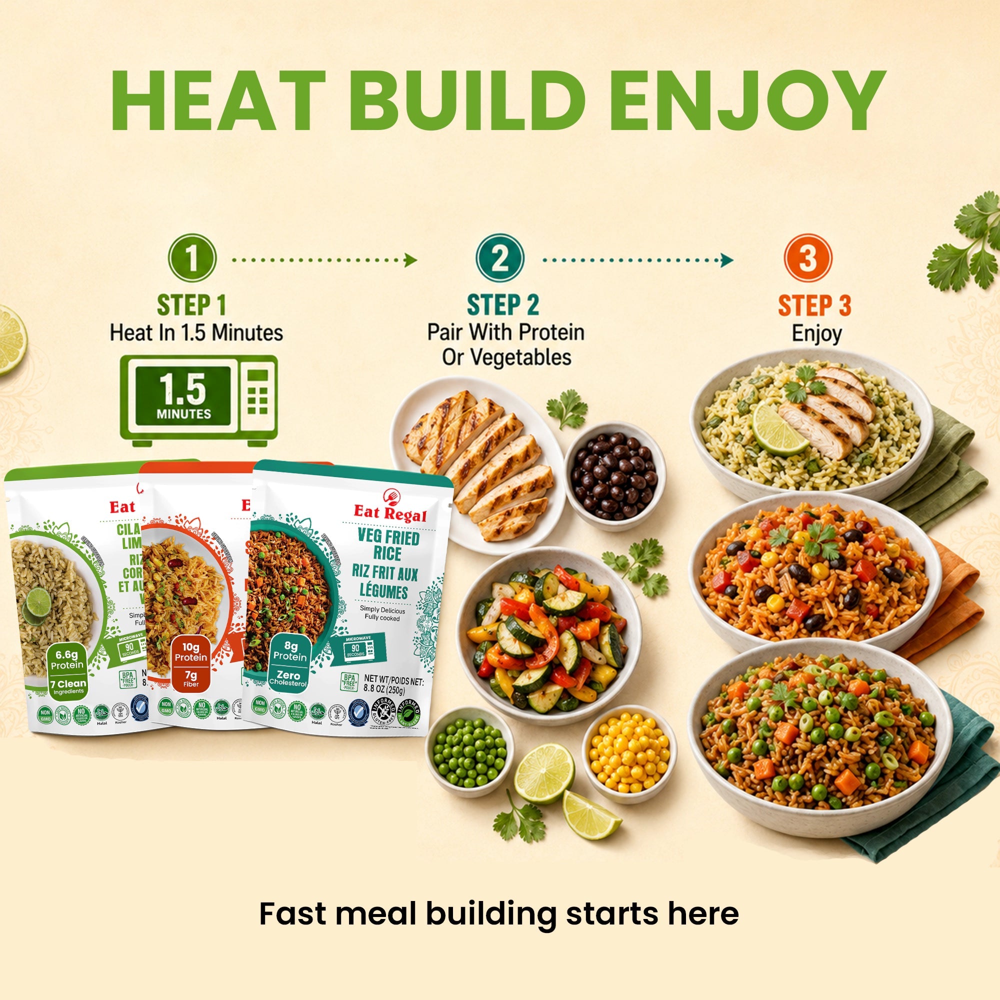 Assorted Regal Kitchen Foods USA LLC Eat Regal Gourmet Rice variety pack with six ready-to-eat rice pouches on a white background.