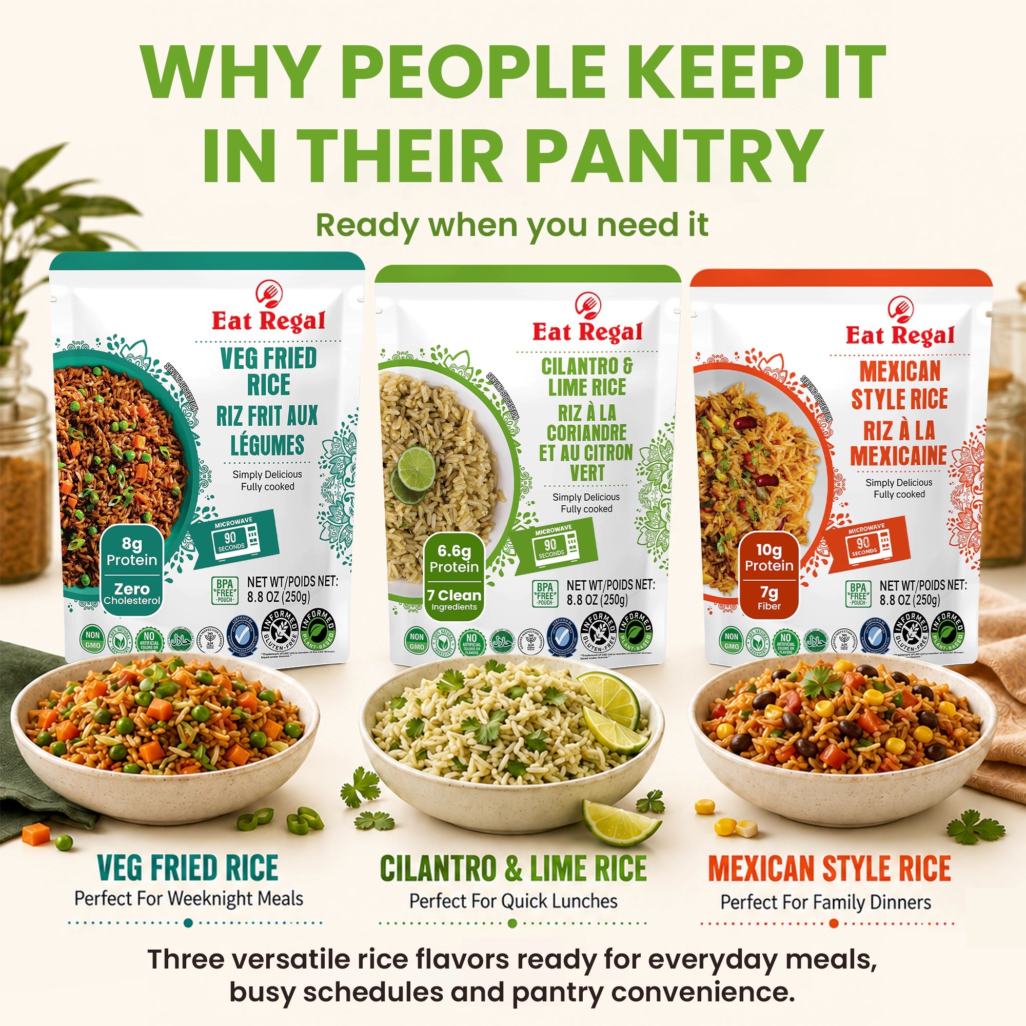 Assorted Regal Kitchen Foods USA LLC ready-to-eat rice pouches from the Eat Regal Gourmet Rice Variety Pack, displayed in a row.