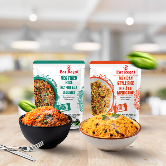 Eat Regal Variety Pack – Vegetable Fried Rice & Mexican Rice, Ready in 85 Seconds, 8.8 oz Each (12-Pack) – Perfect for Family Dinners or Meal Prep - Regal Kitchen Store 1000