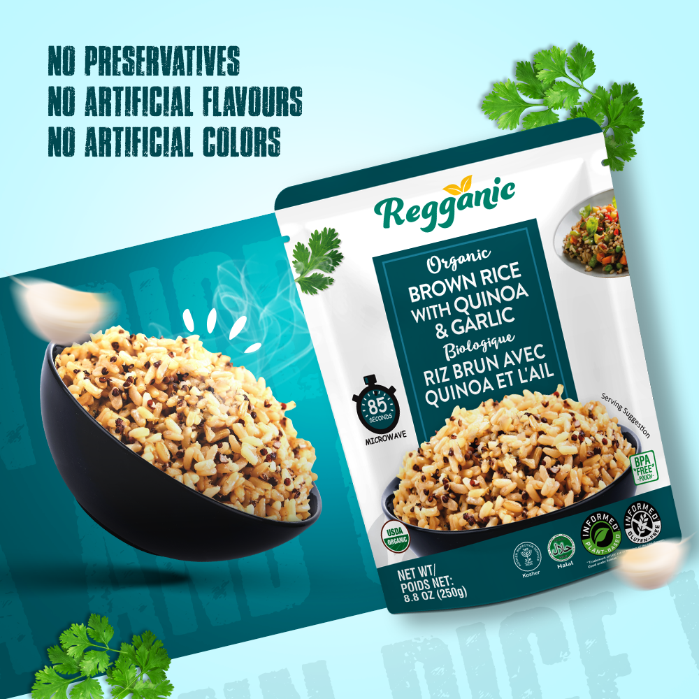Reganic Organic Brown Rice with Quinoa & Garlic, Ready to Eat, 8.8 oz (Pack of 6) - Regal Kitchen Foods USA LLC