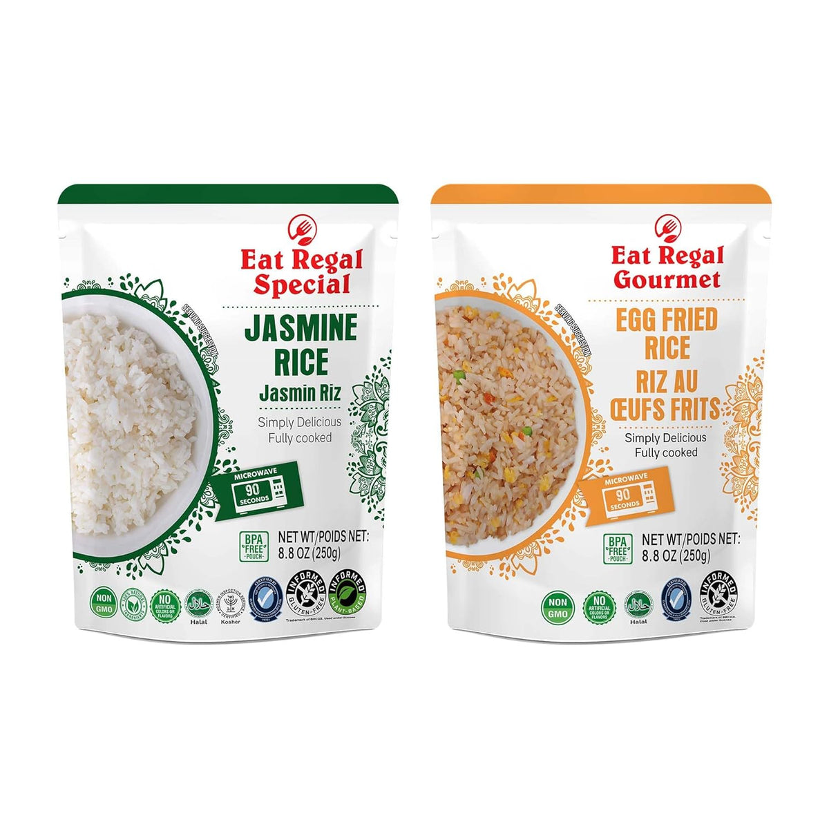 Eat Regal Ready-to-Eat Rice Variety Pack – Egg Fried Rice & Jasmine Rice | High Protein Microwave Meals, Ready in 1.5 Minutes | Halal Certified, BPA-Free, 8.8 oz (Pack of 12) - Regal Kitchen Store