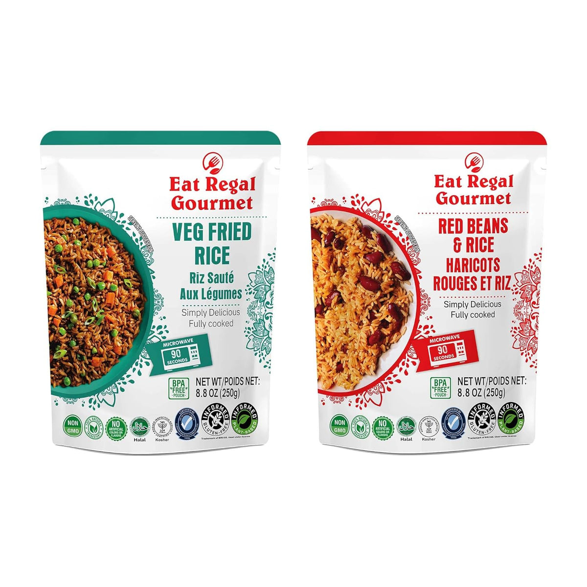 Eat Regal Ready-to-Eat Rice Variety Pack – Veg Fried Rice & Red Beans & Rice | High Protein Microwave Meals, Ready in 1.5 minutes | Gluten-Free, Halal & Kosher, BPA-Free, 8.8 oz (Pack of 12)