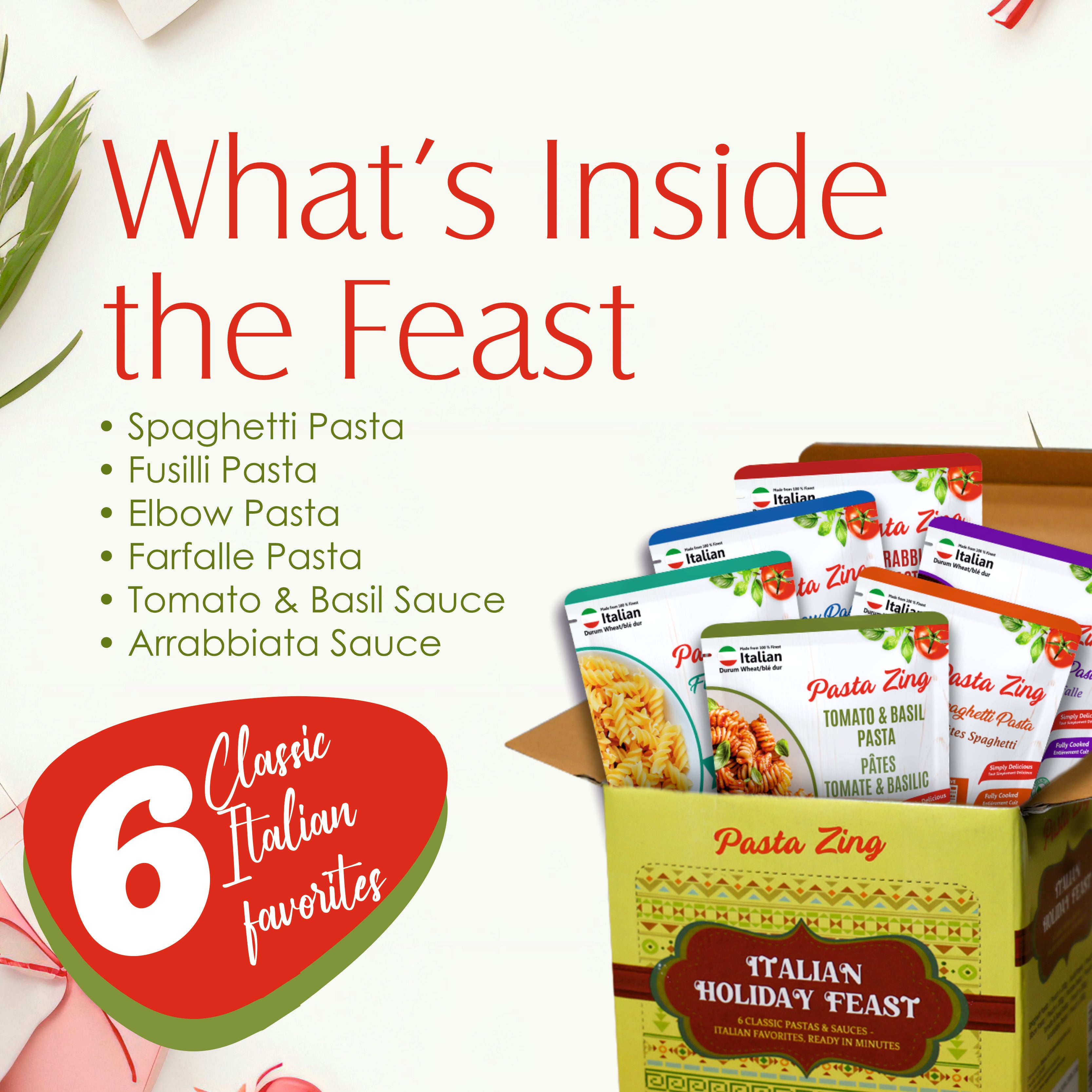 Pasta Zing Italian Holiday Feast Gift Box – Fully Cooked Pasta Variety Pack (6 Pack), Microwave-Ready in 1 Minute | Unflavored Pasta for Holiday Gifting & Hosting | 100% Durum Wheat - Regal Kitchen Store