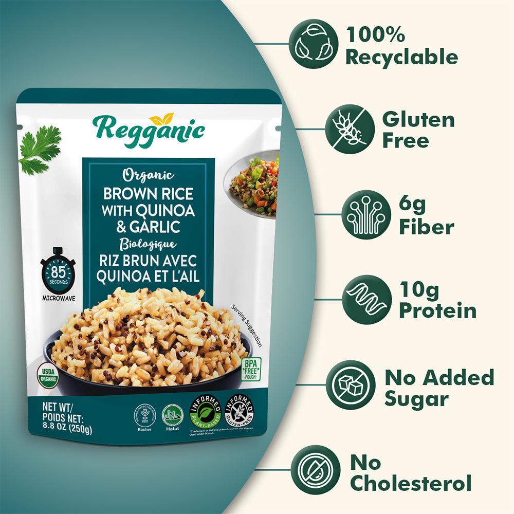 Reganic Organic Brown Rice with Quinoa & Garlic, Ready to Eat, 8.8 oz (Pack of 6) - Regal Kitchen Foods USA LLC