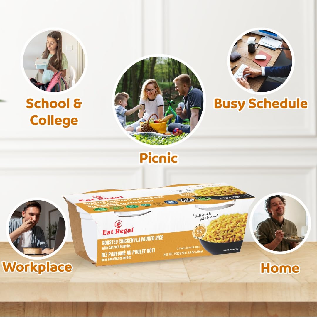 Eat Regal Gourmet Roasted Chicken Flavored Rice with Carrots and Herbs, 2 Individual Cups, Pack of 6, Ready in 60 Seconds - Regal Kitchen Store