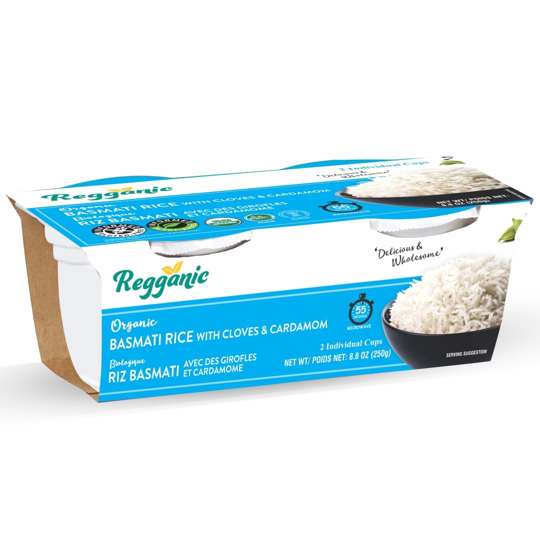 Reganic Basmati Rice with Cloves & Cardamom, Microwaveable in 60 Seconds, Ready to Eat, Pack of 6, USDA Organic, Halal & Kosher - Regal Kitchen Store