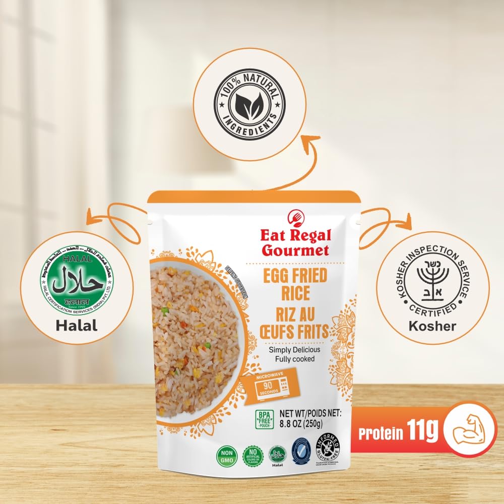 Eat Regal Gourmet Egg Fried Rice, 8.8 oz Pouches, Pack of 6, Microwave Ready, Halal - Regal Kitchen Store
