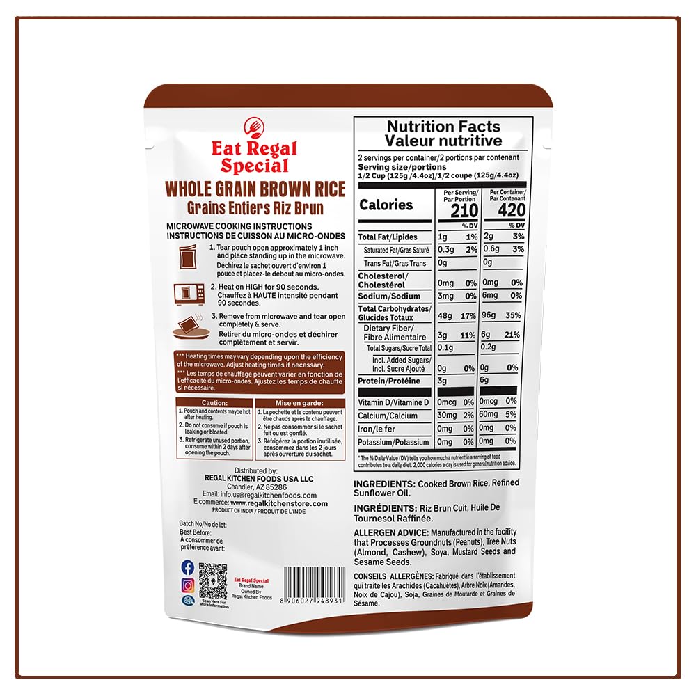 Eat Regal Ready to Eat Whole Grain Brown Rice Microwavable Pack of 6,8.8oz | Ready Rice in 90 Seconds | Heat and Eat | Precooked Rice | Ready to Eat | Side Dish - Regal Kitchen Store