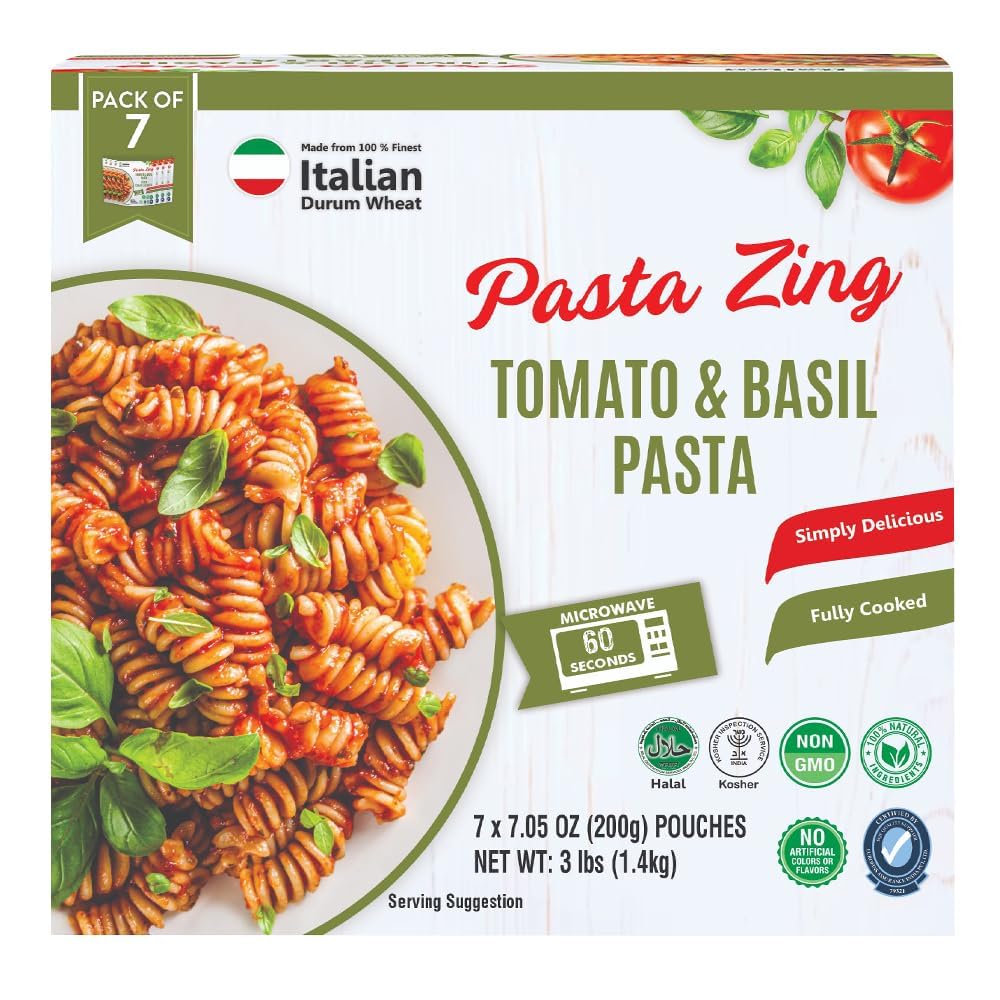 Pasta Zing Tomato & Basil Pasta, Pack of 7, 7.05 Ounce | Ready To Eat in 60 Sec | Made with 100% Italian Durum Wheat | Natural Ingredients | Classic & Flavorful | Easy Meal & Side Dish - Regal Kitchen Store