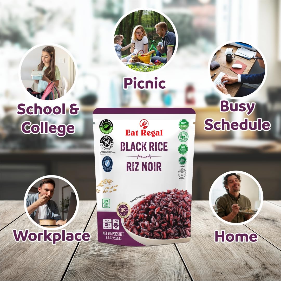 Eat Regal Ancient Black Rice, Ready in 90 Seconds, Non-GMO, Gluten-Free, 8.8 oz Pouches, Pack of 6 - Regal Kitchen Store