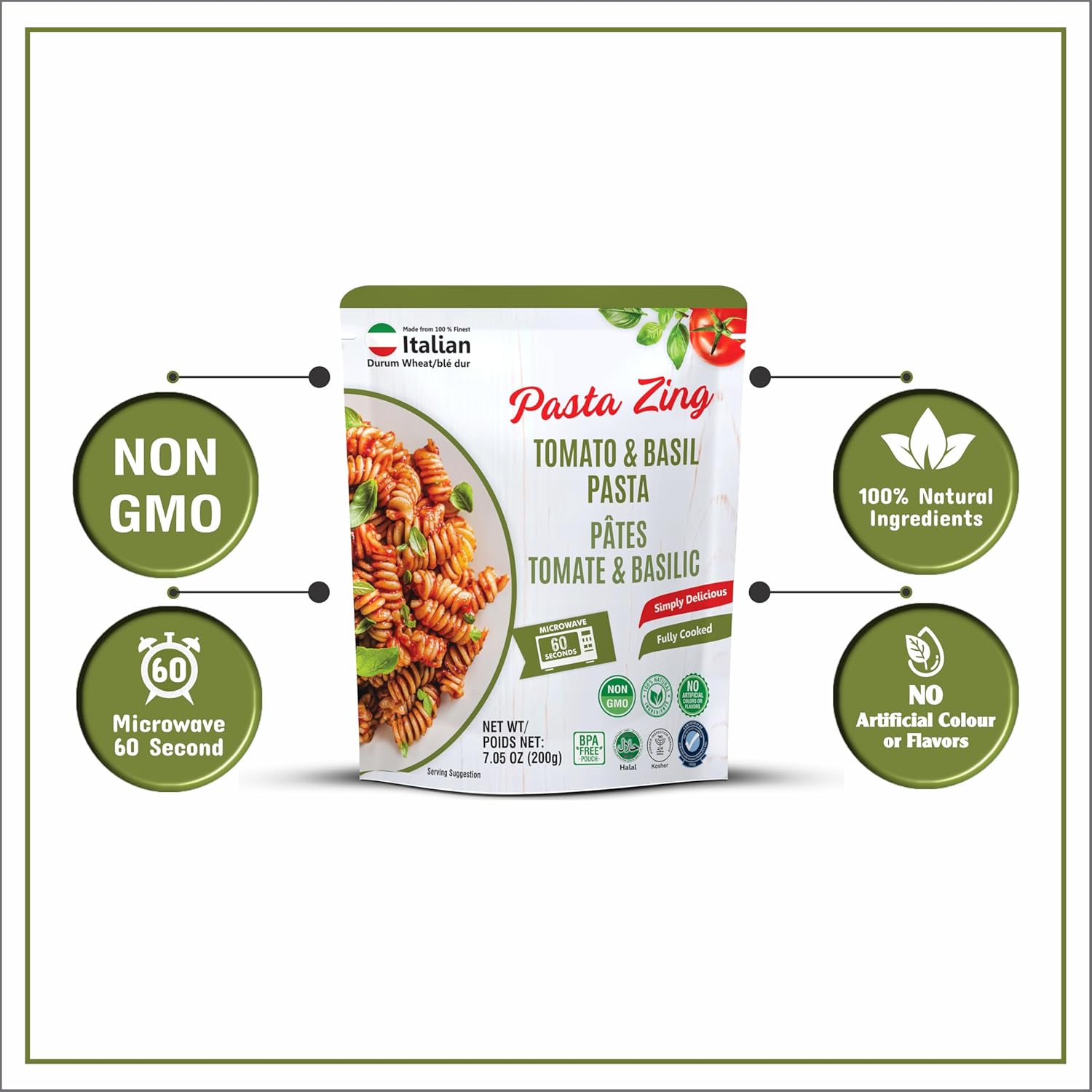 Pasta Zing Tomato & Basil Pasta, Pack of 7, 7.05 Ounce | Ready To Eat in 60 Sec | Made with 100% Italian Durum Wheat | Natural Ingredients | Classic & Flavorful | Easy Meal & Side Dish - Regal Kitchen Store