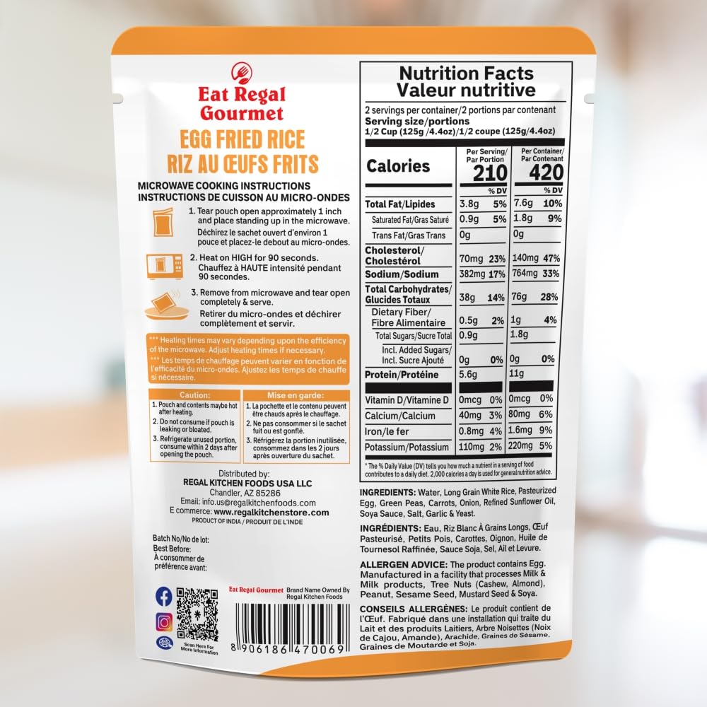 Eat Regal Gourmet Egg Fried Rice, 8.8 oz Pouches, Pack of 6, Microwave Ready, Halal - Regal Kitchen Store