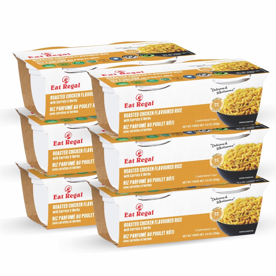 Eat Regal Gourmet Roasted Chicken Flavored Rice with Carrots and Herbs, 2 Individual Cups, Pack of 6, Ready in 60 Seconds - Regal Kitchen Store