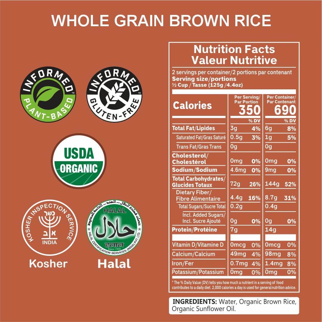 Regganic Organic Whole Grain Brown Rice, Microwaveable Cups, 8.8 oz, Pack of 6 - Regal Kitchen Store