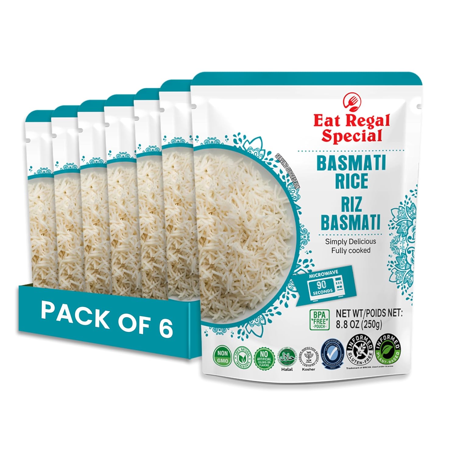 Eat Regal Basmati Rice – Fully Cooked, Microwaveable in 90 Seconds, Ready-to-Eat Precooked Basmati Rice, Non-GMO & Delicious (Pack of 6, 8.8 oz) - Regal Kitchen Store