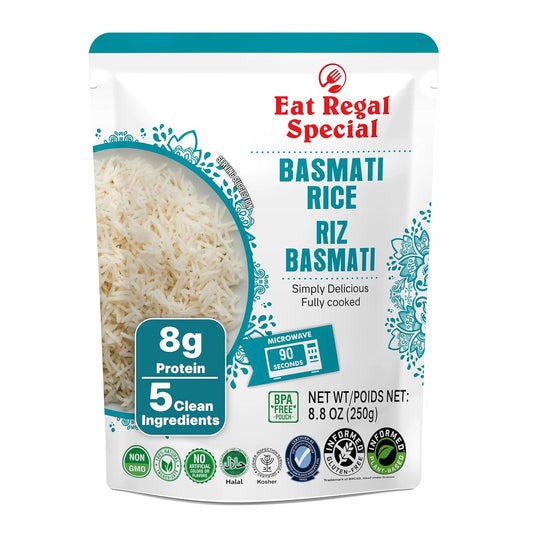 Eat Regal Basmati Rice – Fully Cooked, Microwaveable in 90 Seconds, Ready-to-Eat Precooked Basmati Rice, Non-GMO & Delicious (Pack of 12, 8.8 oz) - Regal Kitchen Store 1500