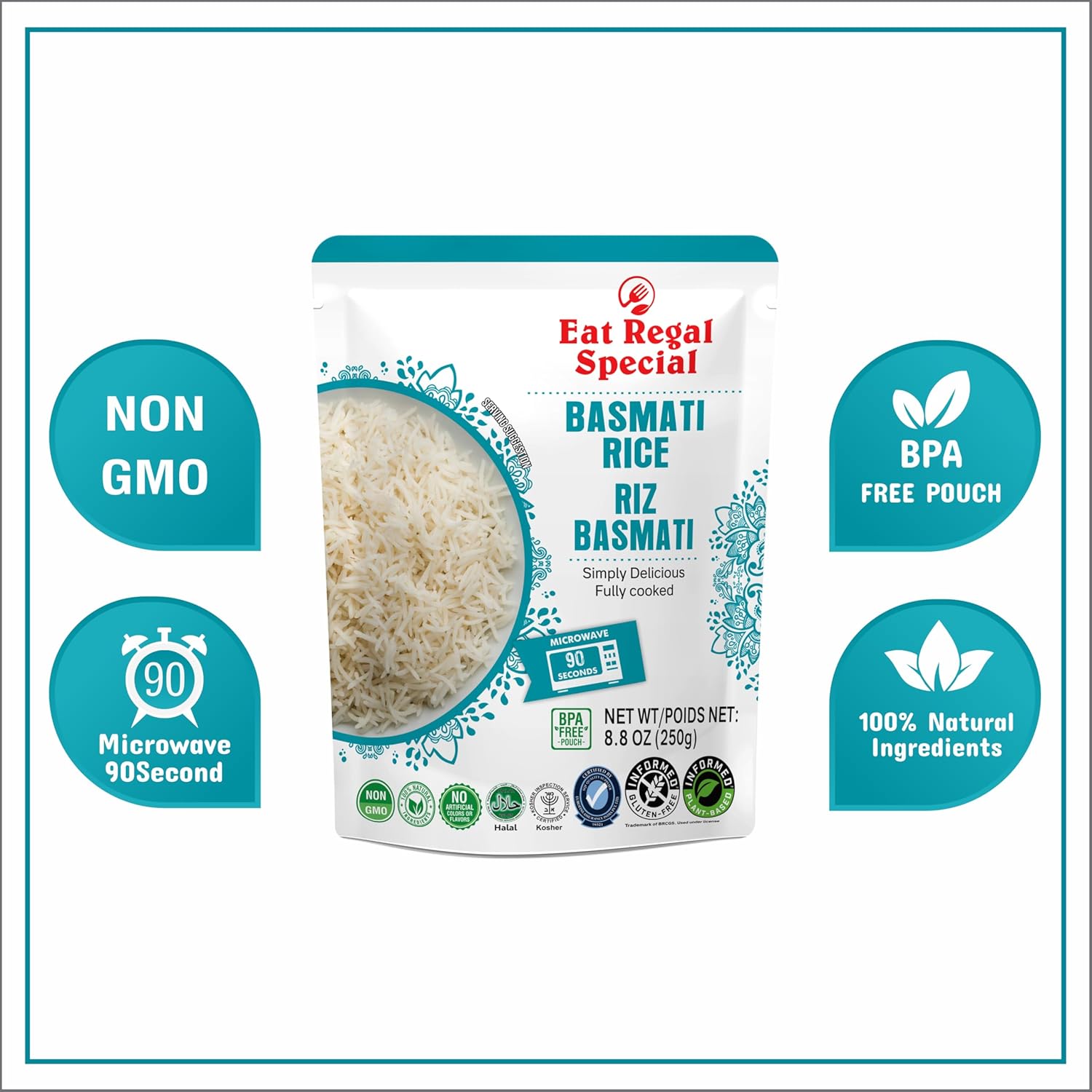 Eat Regal Basmati Rice – Fully Cooked, Microwaveable in 90 Seconds, Ready-to-Eat Precooked Basmati Rice, Non-GMO & Delicious (Pack of 6, 8.8 oz) - Regal Kitchen Store