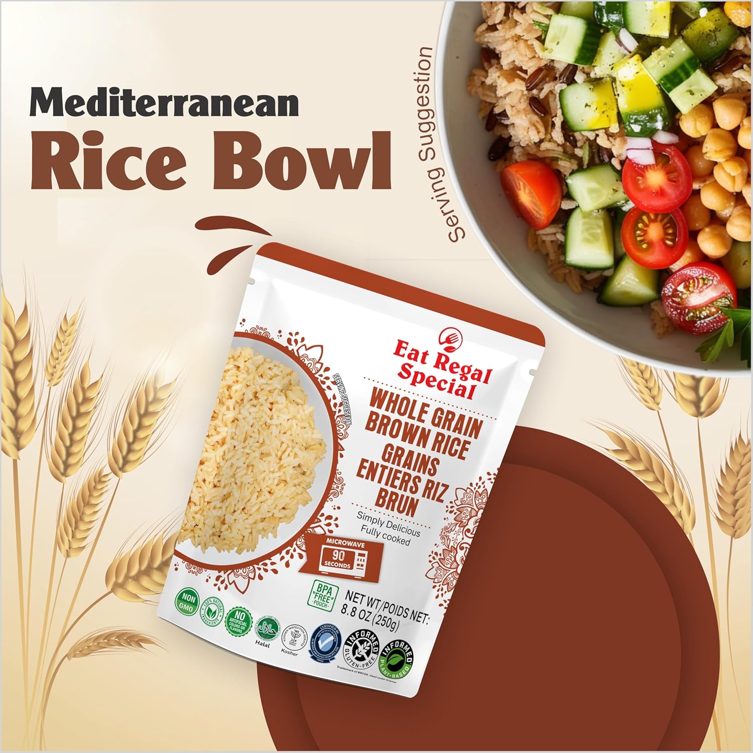 Eat Regal Ready to Eat Whole Grain Brown Rice Microwavable Pack of 6,8.8oz | Ready Rice in 90 Seconds | Heat and Eat | Precooked Rice | Ready to Eat | Side Dish - Regal Kitchen Store