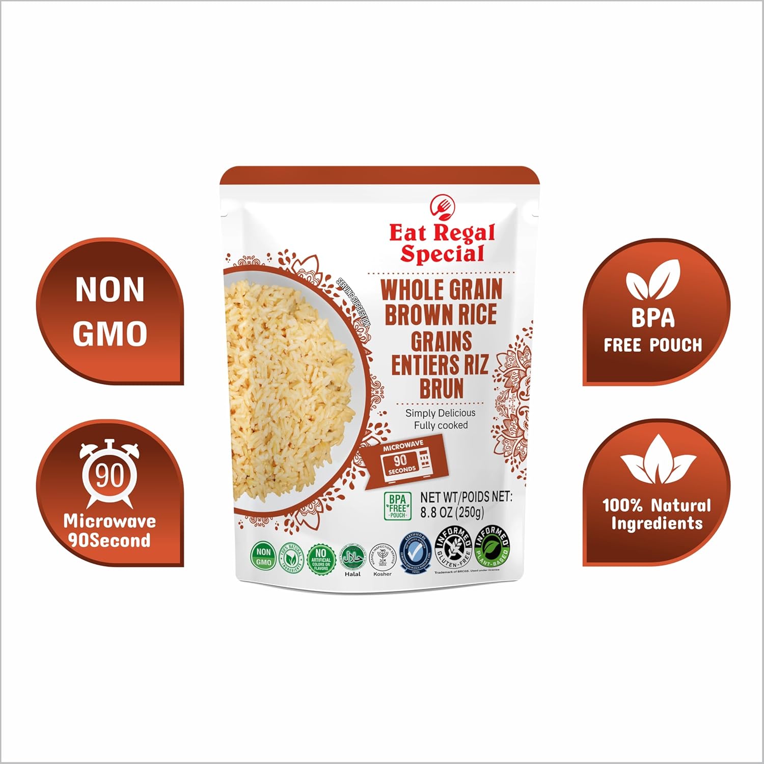Eat Regal Ready to Eat Whole Grain Brown Rice Microwavable Pack of 6,8.8oz | Ready Rice in 90 Seconds | Heat and Eat | Precooked Rice | Ready to Eat | Side Dish - Regal Kitchen Store