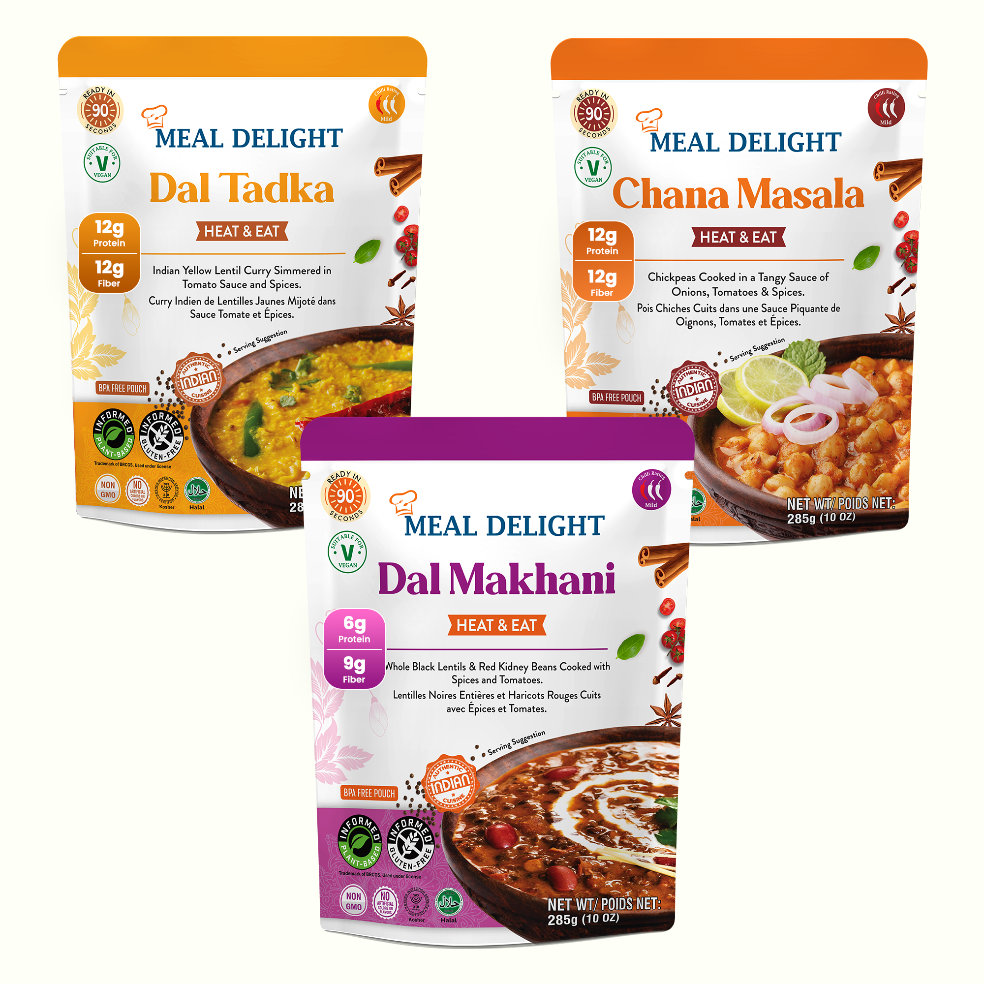 Meal Delight Dal Makhani, Dal Tadka & Chana Masala, Ready to Eat Indian Meals, Variety Pack of 6, Heat & Eat in 1.5 Minutes, No Preservatives, Shelf Stable, No Artificial Colors or Flavors Variety 6 Pack , 10 oz - Regal Kitchen Store