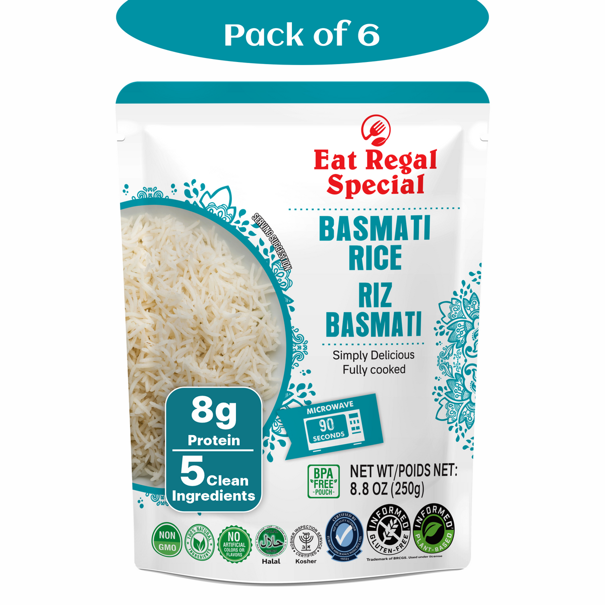 Eat Regal Basmati Rice – Fully Cooked, Microwaveable in 90 Seconds, Ready-to-Eat Precooked Basmati Rice, Non-GMO & Delicious (Pack of 6, 8.8 oz) - Regal Kitchen Store