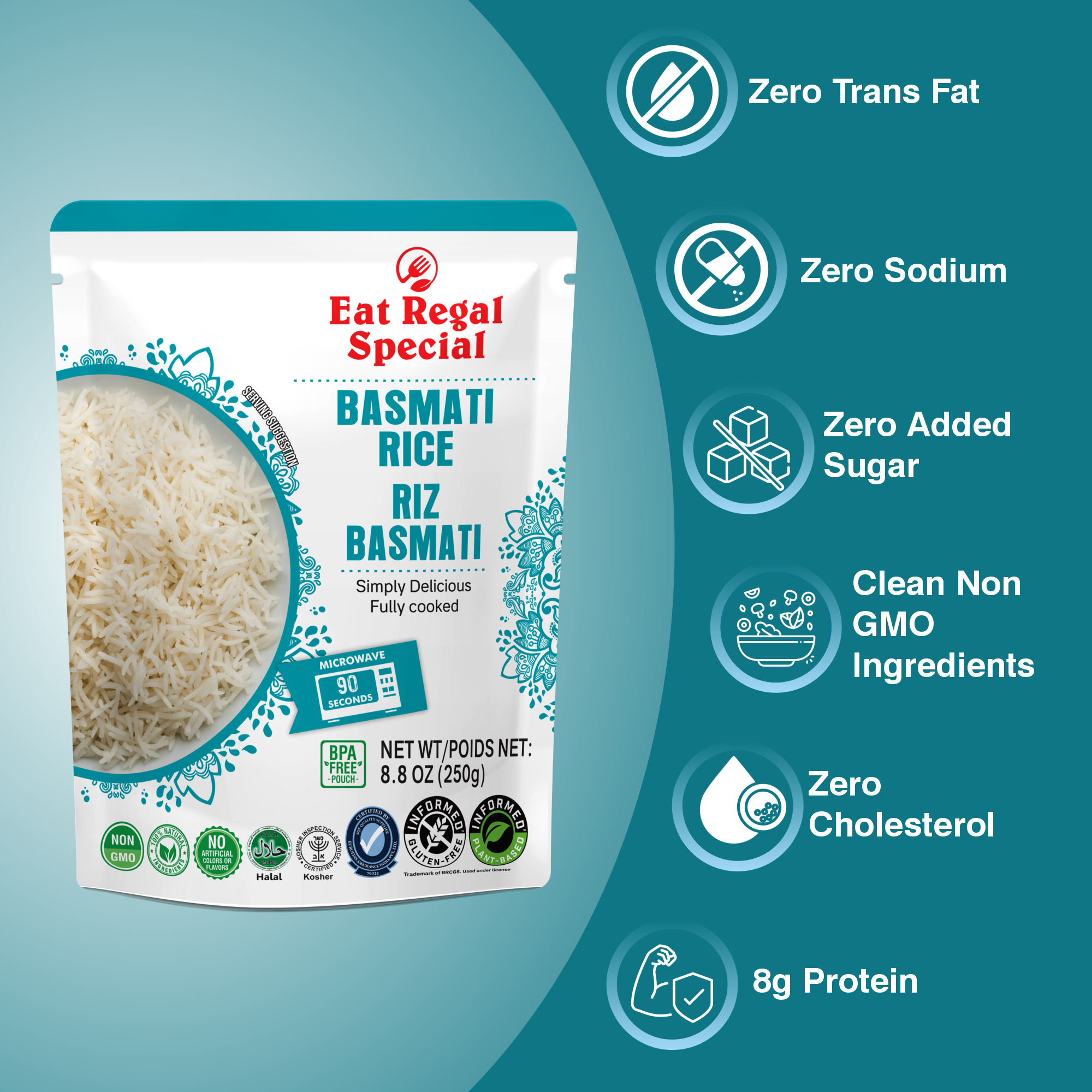 Eat Regal Basmati Rice – Fully Cooked, Microwaveable in 90 Seconds, Ready-to-Eat Precooked Basmati Rice, Non-GMO & Delicious (Pack of 6, 8.8 oz) - Regal Kitchen Store