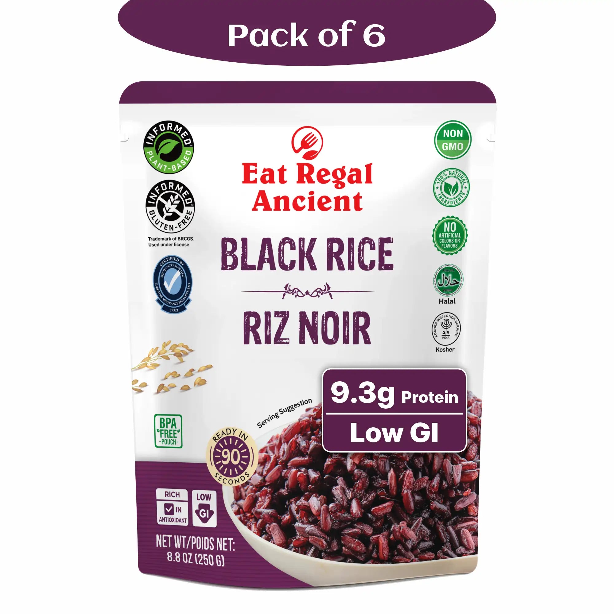 Eat Regal Ancient Black Rice, Ready in 90 Seconds, Non-GMO, Gluten-Free, 8.8 oz Pouches, Pack of 6 - Regal Kitchen Store
