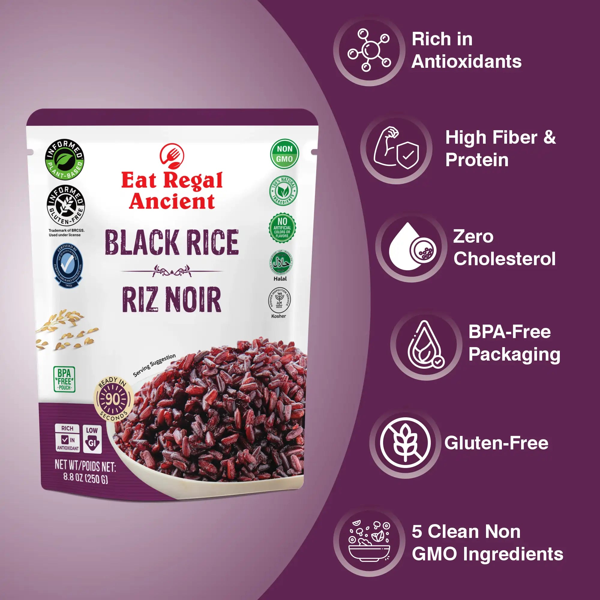 Eat Regal Ancient Black Rice, Ready in 90 Seconds, Non-GMO, Gluten-Free, 8.8 oz Pouches, Pack of 6 - Regal Kitchen Store