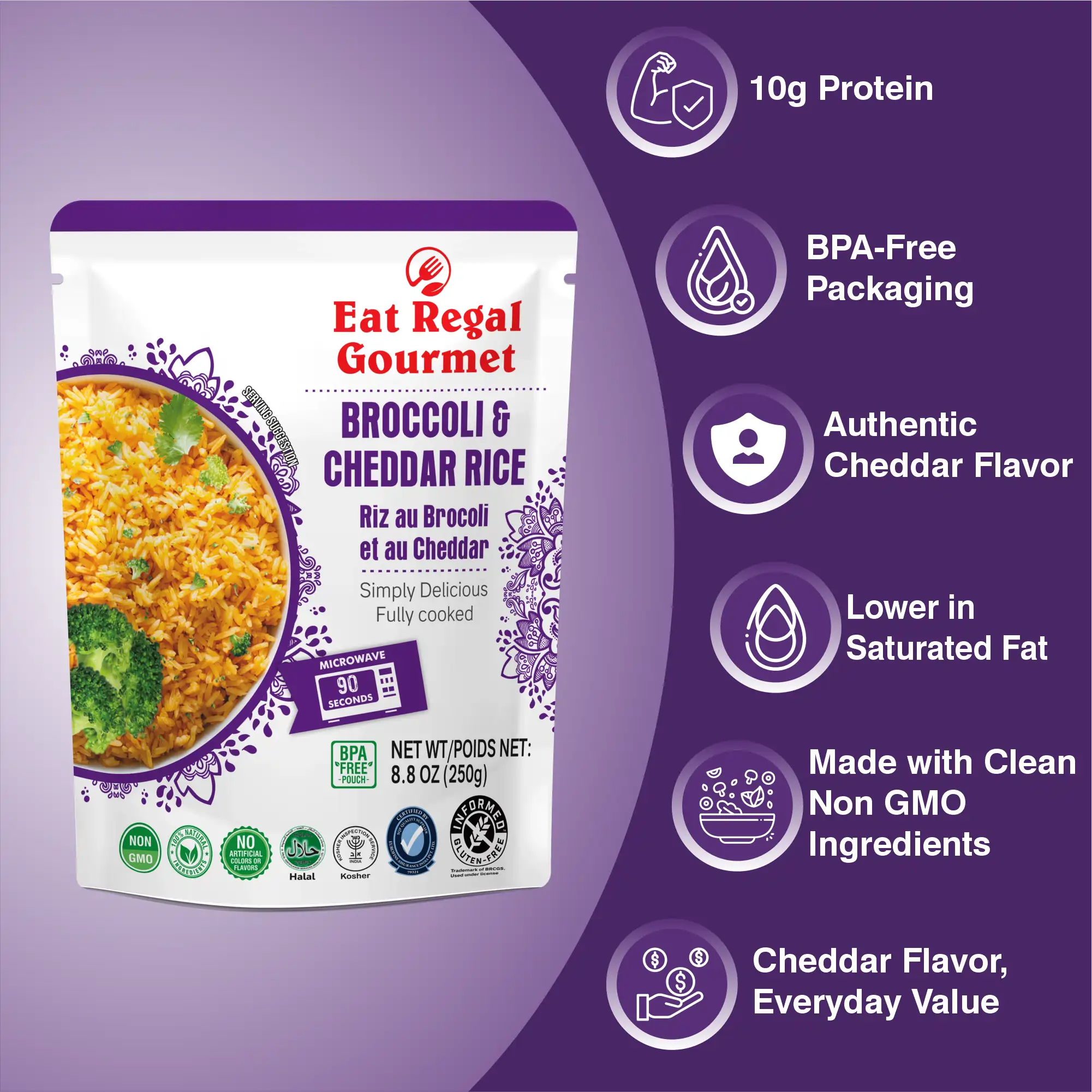 Eat Regal Broccoli & Cheddar Flavored Rice – Creamy, Savory & Ready in 90 Seconds, 8.8 oz Each (6-Pack, Total 52.8 oz) - Regal Kitchen Store