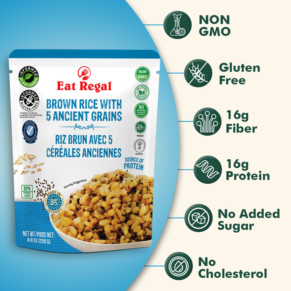 Eat Regal Brown Rice and 5 Ancient Grains – Nutritious & Wholesome, Ready in 85 Seconds, 8.8 oz Each (6-Pack, Total 52.8 oz) - Regal Kitchen Store