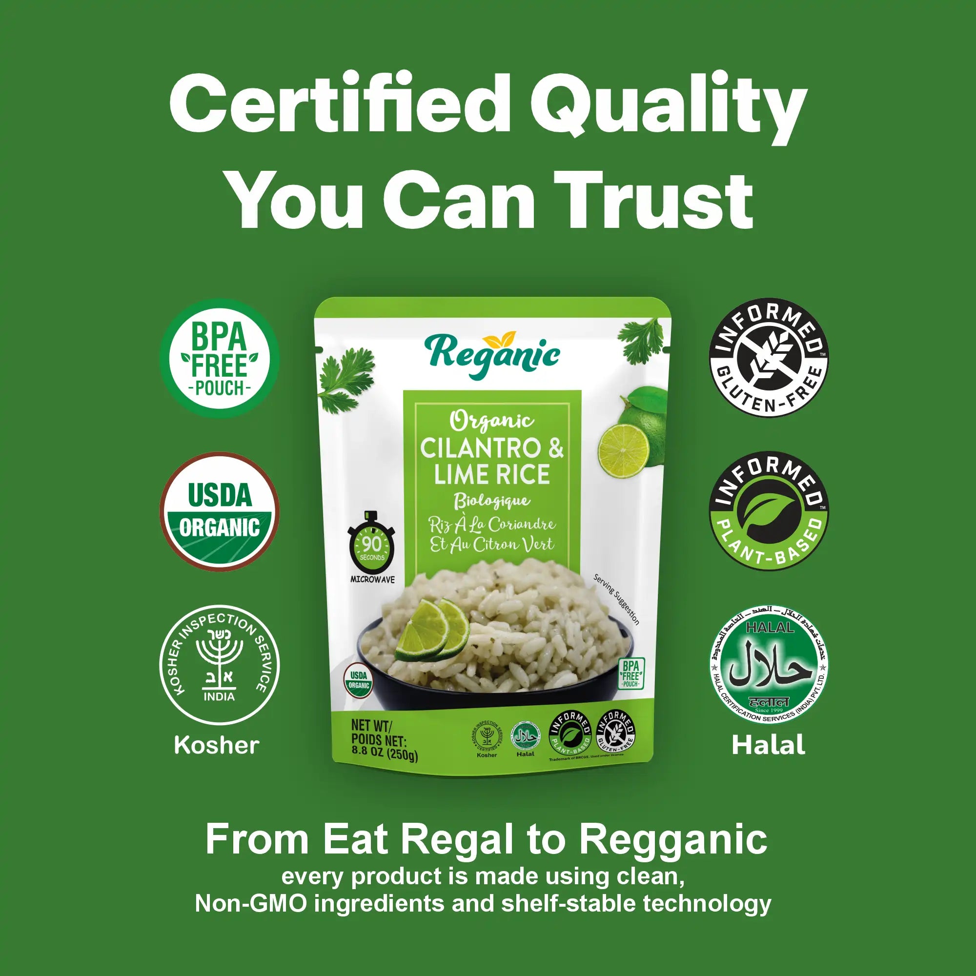 Reganic Organic Cilantro & Lime Rice, Ready in 90 seconds - Regal Kitchen Foods