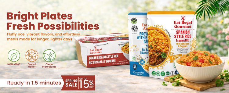 Promotional banner for Eat Regal Gourmet rice products featuring Indian Biryani Style Rice, Brown Rice with 5 Ancient Grains, and Spanish Style Rice. The text reads "Bright Plates, Fresh Possibilities" and highlights a "Spring Sale up to 15% off," noting the meals are ready in 1.5 minutes.