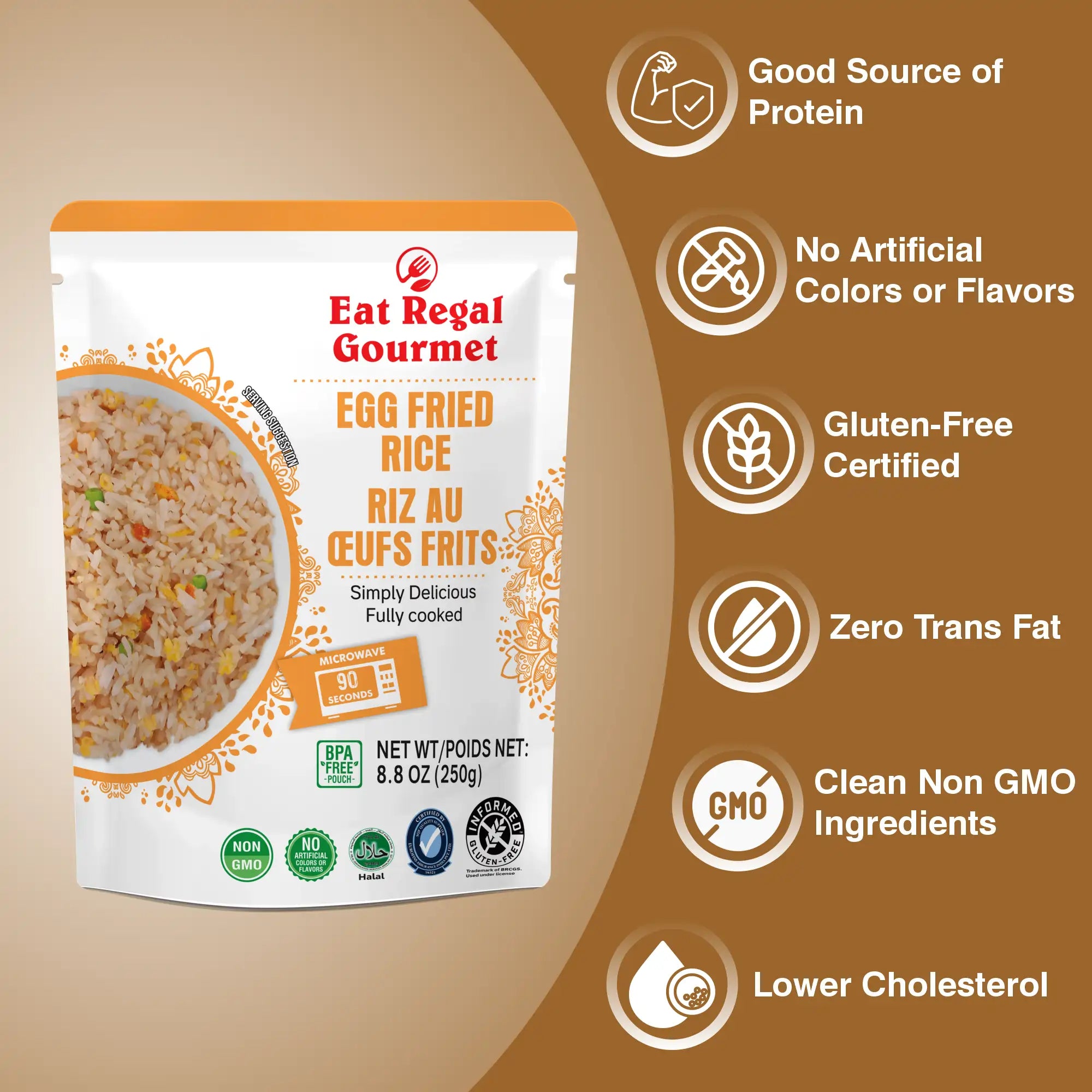 Eat Regal Gourmet Egg Fried Rice, 8.8 oz Pouches, Pack of 6, Microwave Ready, Halal - Regal Kitchen Store