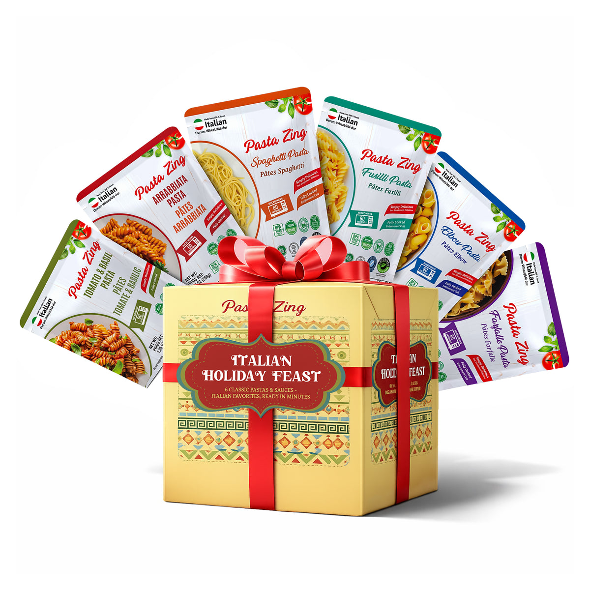 Pasta Zing Italian Holiday Feast Gift Box – Fully Cooked Pasta Variety Pack (6 Pack), Microwave-Ready in 1 Minute | Unflavored Pasta for Holiday Gifting & Hosting | 100% Durum Wheat - Regal Kitchen Store