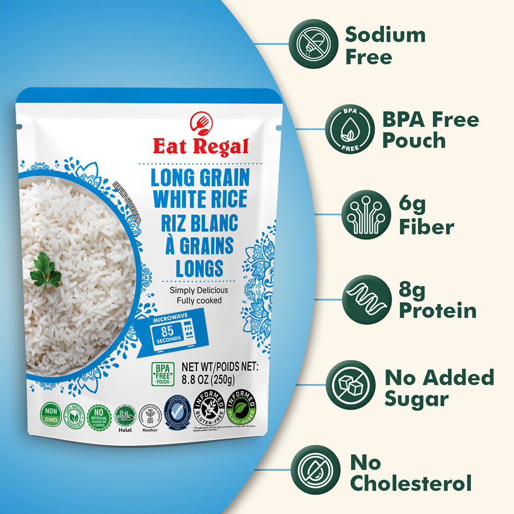Eat Regal Long Grain White Rice Fluffy & Versatile, Ready in 90 Seconds, 8.8 oz Each (6-Pack, Total 52.8 oz) - Regal Kitchen Store