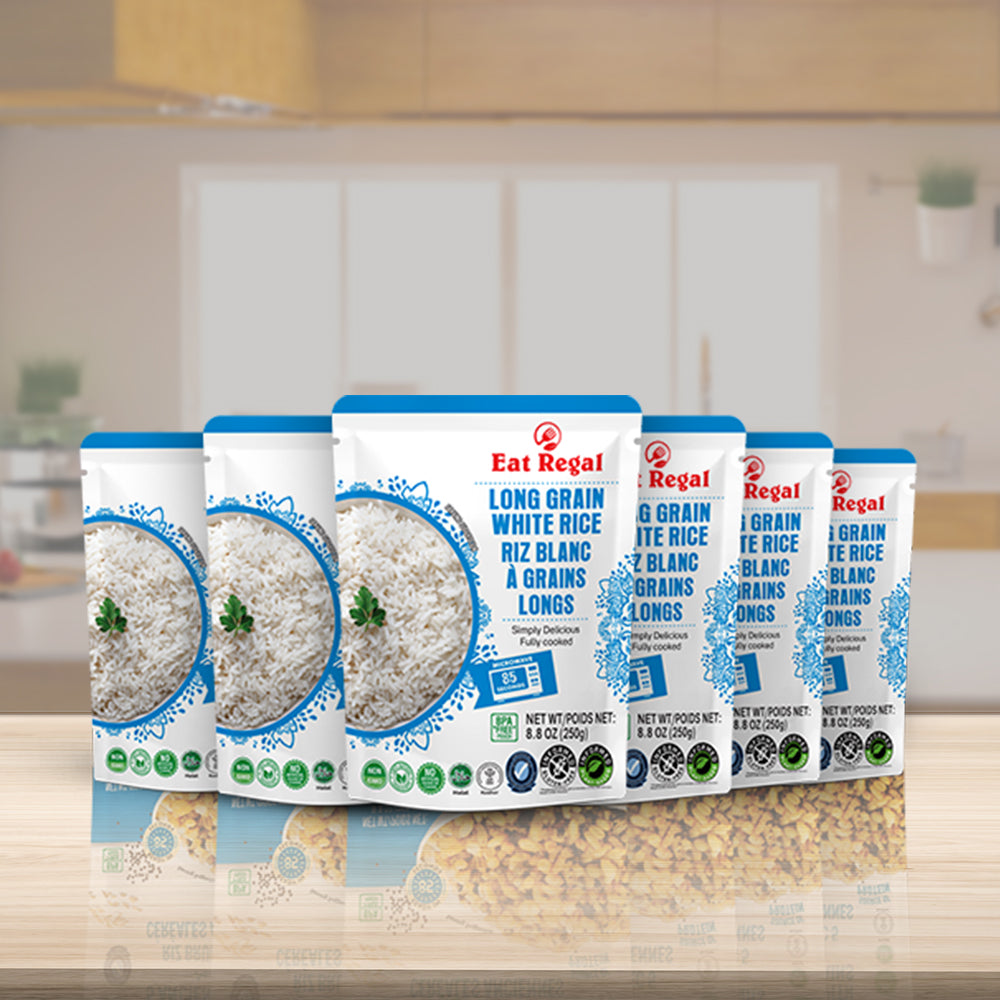 Eat Regal Long Grain White Rice Fluffy & Versatile, Ready in 90 Seconds, 8.8 oz Each (6-Pack, Total 52.8 oz) - Regal Kitchen Store