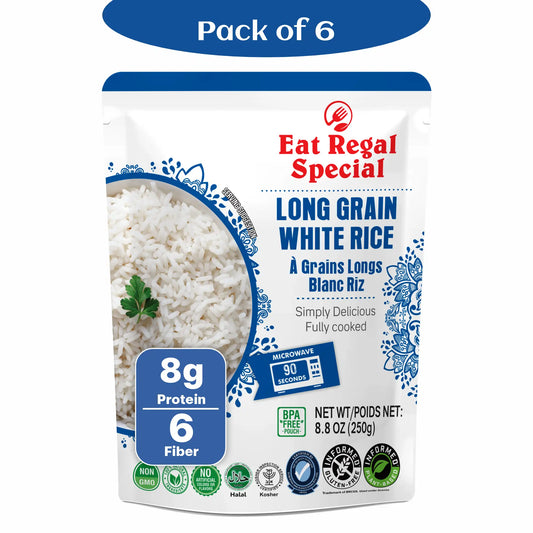 Eat Regal Long Grain White Rice Fluffy & Versatile, Ready in 90 Seconds, 8.8 oz Each (6-Pack, Total 52.8 oz) - Regal Kitchen Store 2000