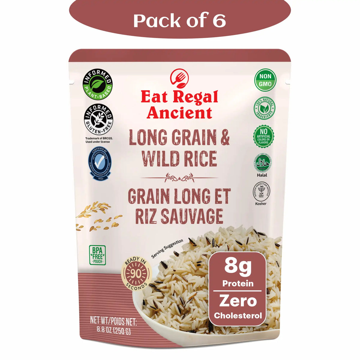 Eat Regal Ancient Long Grain & Wild Rice, 8.8 oz, Pack of 6, Ready in 90 Seconds, Non-GMO, Kosher, Halal - Regal Kitchen Store