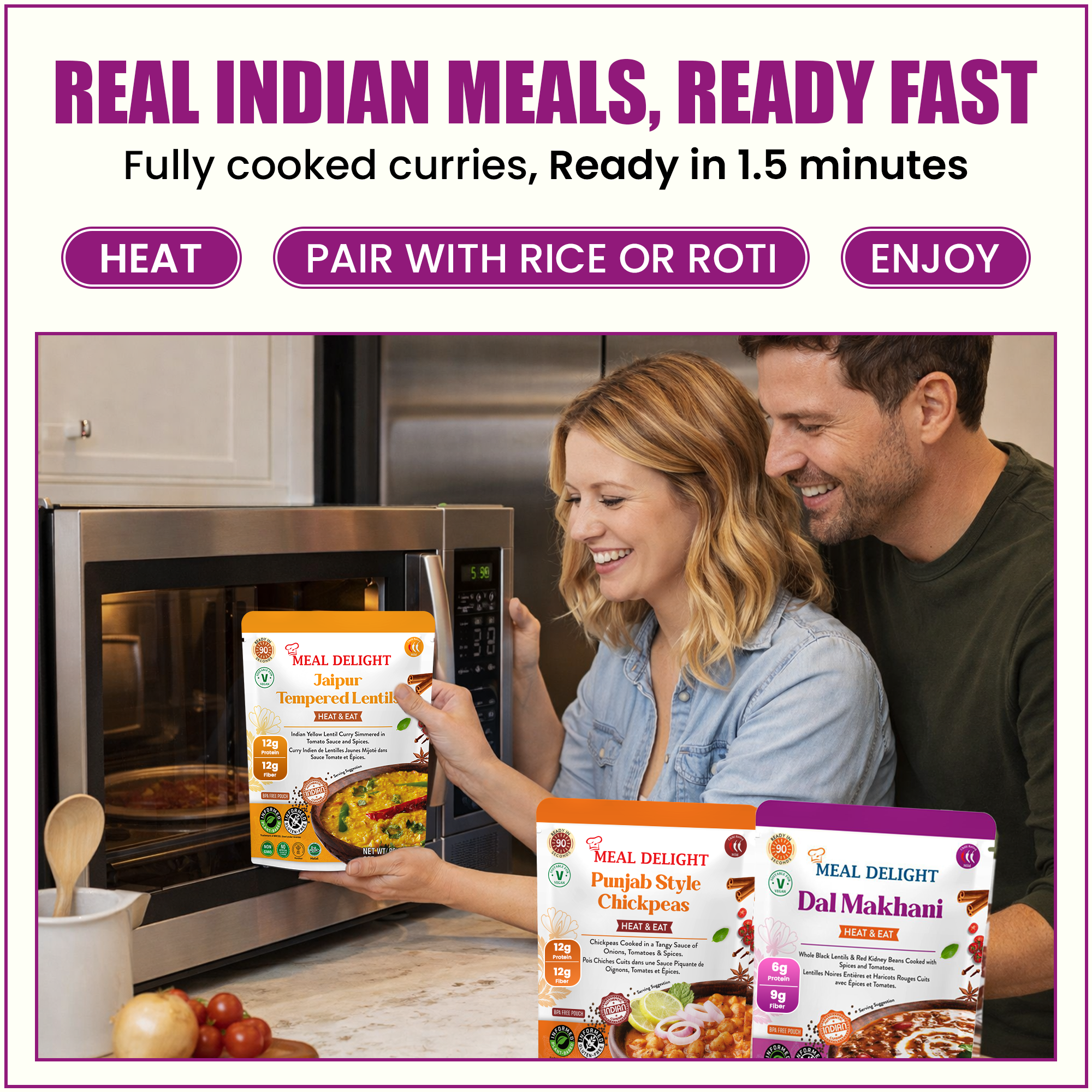 Meal Delight Dal Makhani, Dal Tadka & Chana Masala, Ready to Eat Indian Meals, Variety Pack of 6, Heat & Eat in 1.5 Minutes, No Preservatives, Shelf Stable, No Artificial Colors or Flavors Variety 6 Pack , 10 oz - Regal Kitchen Store