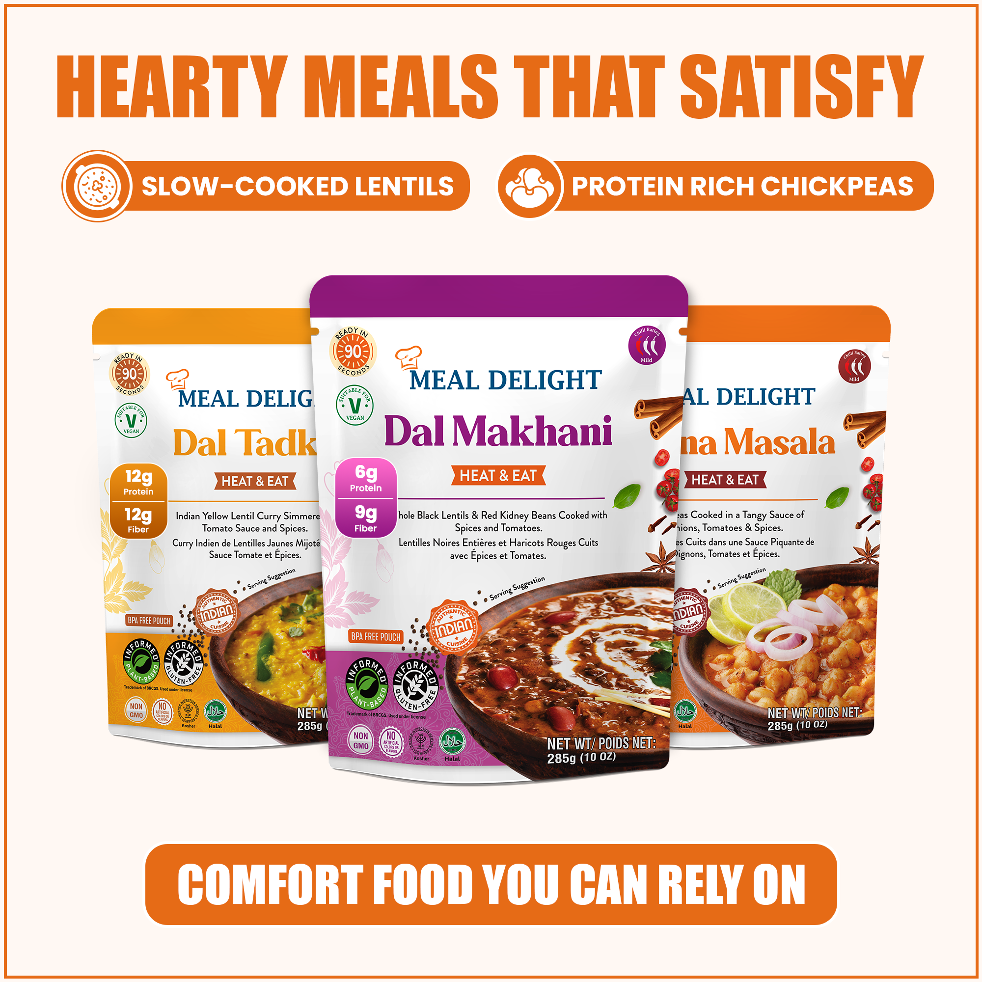 Meal Delight Dal Makhani, Dal Tadka & Chana Masala, Ready to Eat Indian Meals, Variety Pack of 6, Heat & Eat in 1.5 Minutes, No Preservatives, Shelf Stable, No Artificial Colors or Flavors Variety 6 Pack , 10 oz - Regal Kitchen Store