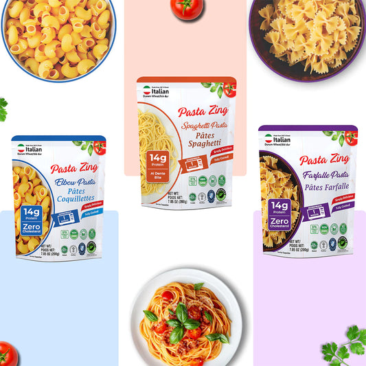 A vibrant lifestyle graphic for Pasta Zing featuring the three pasta pouches arranged diagonally across the frame. The background is a collage of pastel-colored blocks (blue, peach, and purple) interspersed with top-down views of bowls containing dry pasta shapes, fresh cherry tomatoes, and sprigs of basil. At the bottom, there is a prepared plate of spaghetti topped with tomato sauce and fresh basil, suggesting a finished meal. 1080