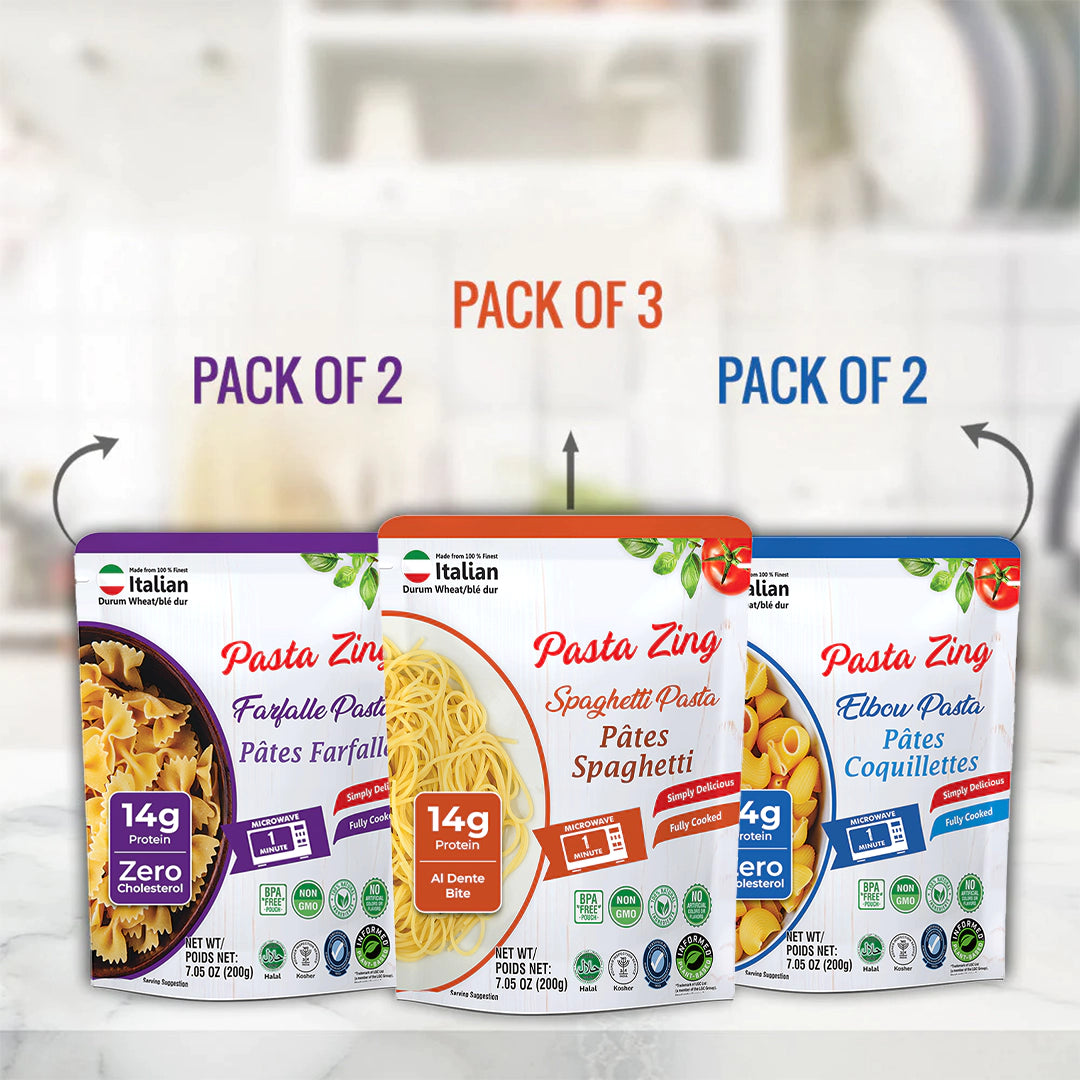 An infographic set against a blurred kitchen background showing purchasing options for Pasta Zing. The center Spaghetti pouch is labeled as part of a "PACK OF 3" (containing one of each variety). Arrows point to the side: the Farfalle pouch (left) and Elbow pouch (right) are labeled as available in "PACK OF 2" sets of their respective flavors. Each pouch highlights the 14g Protein content and the quick 1-minute cook time.