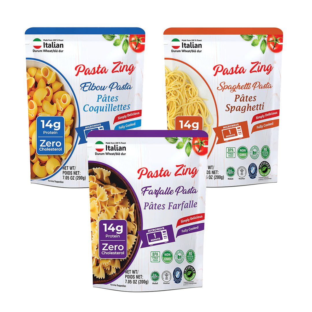 A promotional layout featuring three pouches of Pasta Zing fully cooked pasta: Elbow (blue), Spaghetti (orange), and Farfalle (purple). Each pouch prominently displays a "14g Protein" badge and a "1 Minute" microwave icon. The background is clean white, emphasizing the "Simply Delicious" red banner and the various health certifications at the bottom, including BPA Free, Non-GMO, Halal, and Kosher.