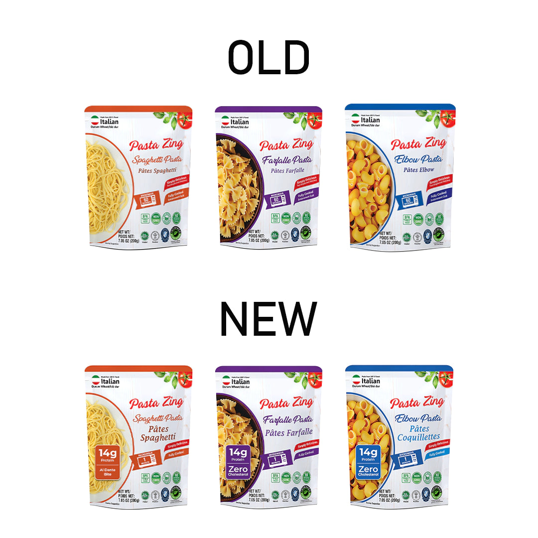 A comparison graphic labeled "OLD" and "NEW" showing the evolution of Pasta Zing packaging. Top Row (Old): Three pouches of Spaghetti, Farfalle, and Elbow pasta with minimalist white labels and small red/purple/blue accents.
Bottom Row (New): The updated packaging features more prominent callouts, including a large "14g Protein" badge on all three. The Spaghetti pouch includes an "Al Dente Bite" label, while the Farfalle and Elbow pouches highlight "Zero Cholesterol." The French translation for Elbow pasta