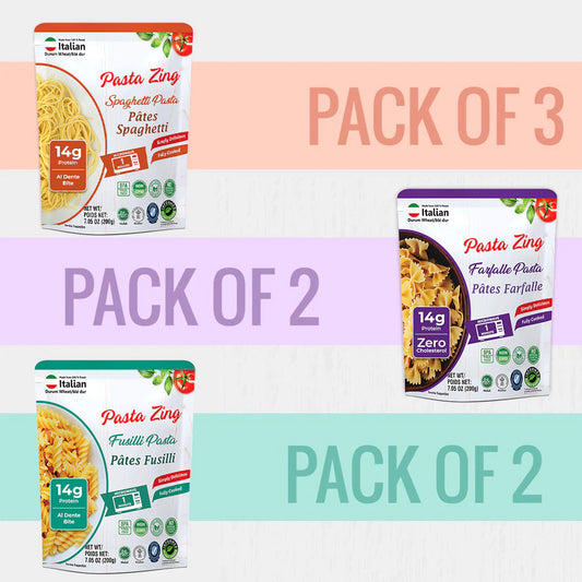 An infographic-style graphic highlighting purchase options for Pasta Zing products. It shows three separate colored horizontal sections. The Spaghetti section (orange) states "PACK OF 3" (one of each pasta type), while the Farfalle section (purple) and Fusilli section (green) are labeled with "PACK OF 2," indicating multi-packs of those single flavors. Each section includes an image of the corresponding pouch. 1080