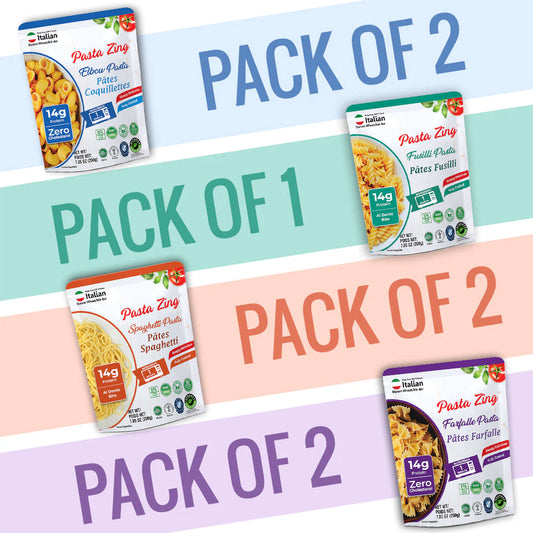 This image provides a clean, grid-based product lineup of the four Pasta Zing varieties: Fusilli, Elbow, Farfalle, and Spaghetti. Each pouch is displayed against a plain white background to highlight the color-coded branding and the "14g Protein" callout. The packaging also features a "1 Minute" microwave icon and a row of health and dietary icons at the bottom, confirming that the products are BPA-free, Non-GMO, Halal, and Kosher. 1080