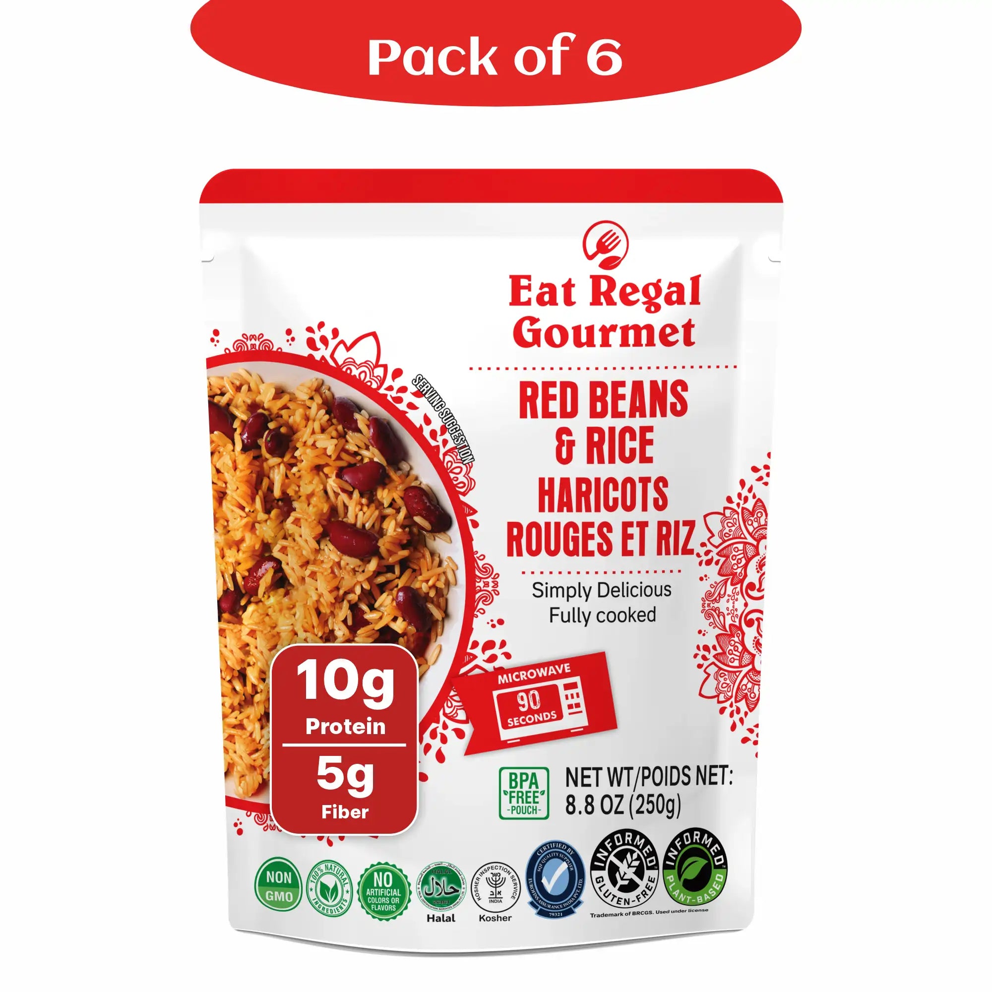 Eat Regal Gourmet Red Beans and Rice, Non-GMO, BPA-Free, 8.8 oz Pouches, Pack of 6, 90-Second Microwave - Regal Kitchen Store