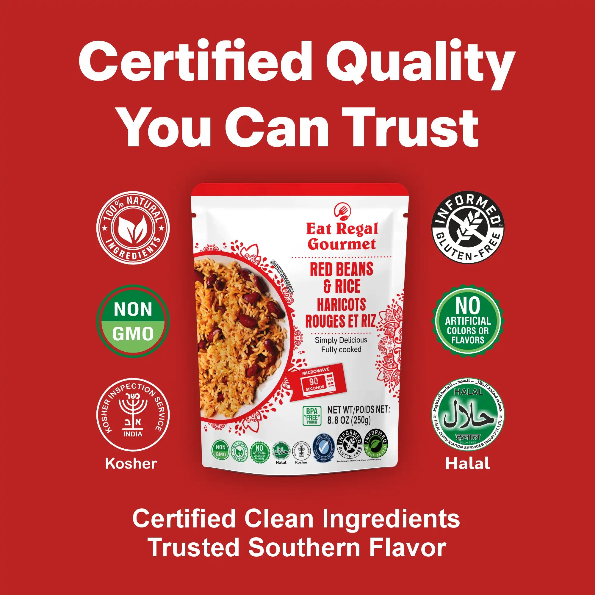 Eat Regal Gourmet Red Beans and Rice, Non-GMO, BPA-Free, 8.8 oz Pouches, Pack of 6, 90-Second Microwave - Regal Kitchen Store