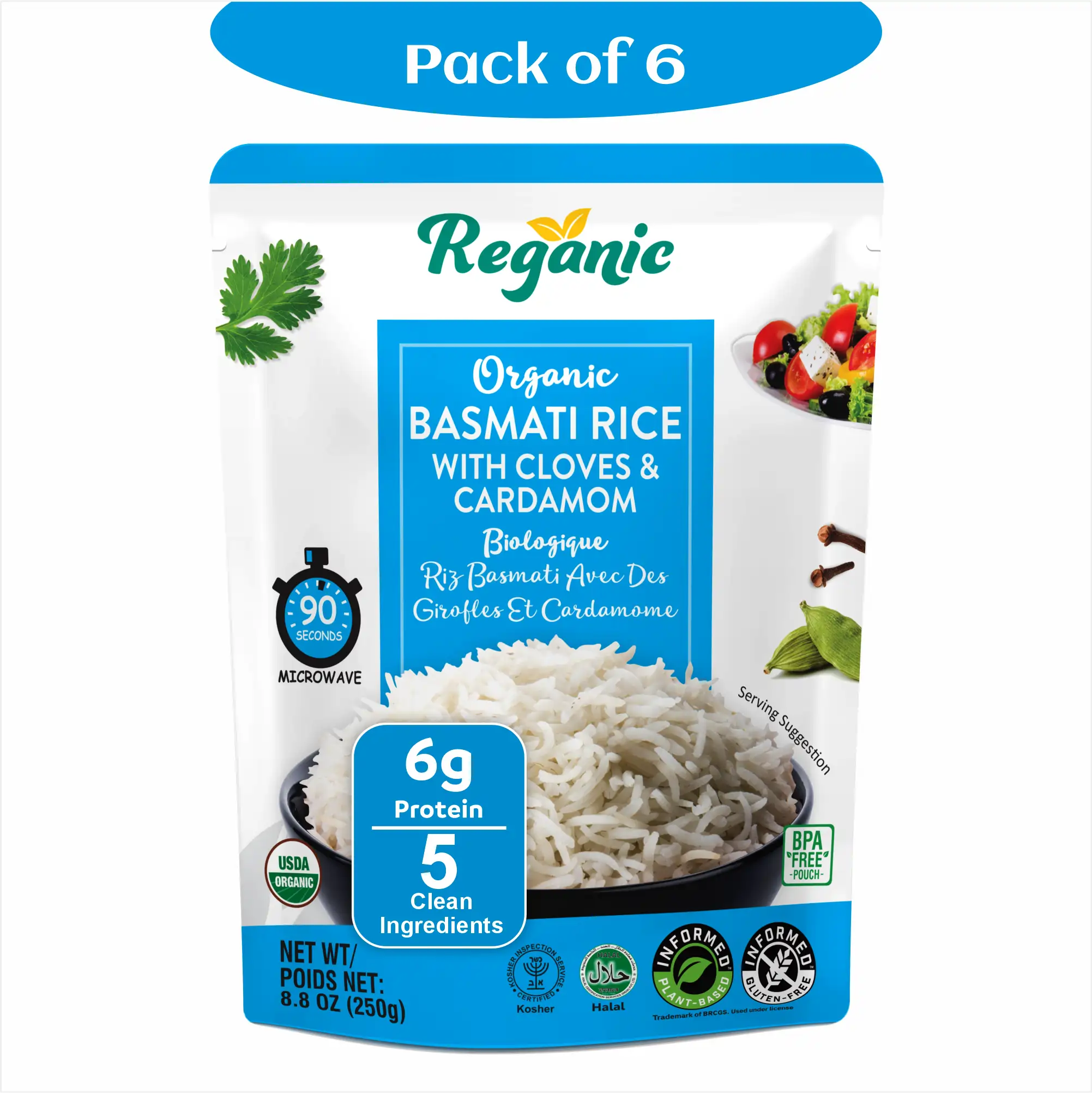 Regganic Organic Basmati Rice with Cloves & Cardamom – 8.8 oz Each (6 Count), Ready to Eat, Total 52.8 oz | Aromatic & Organic - Regal Kitchen Store